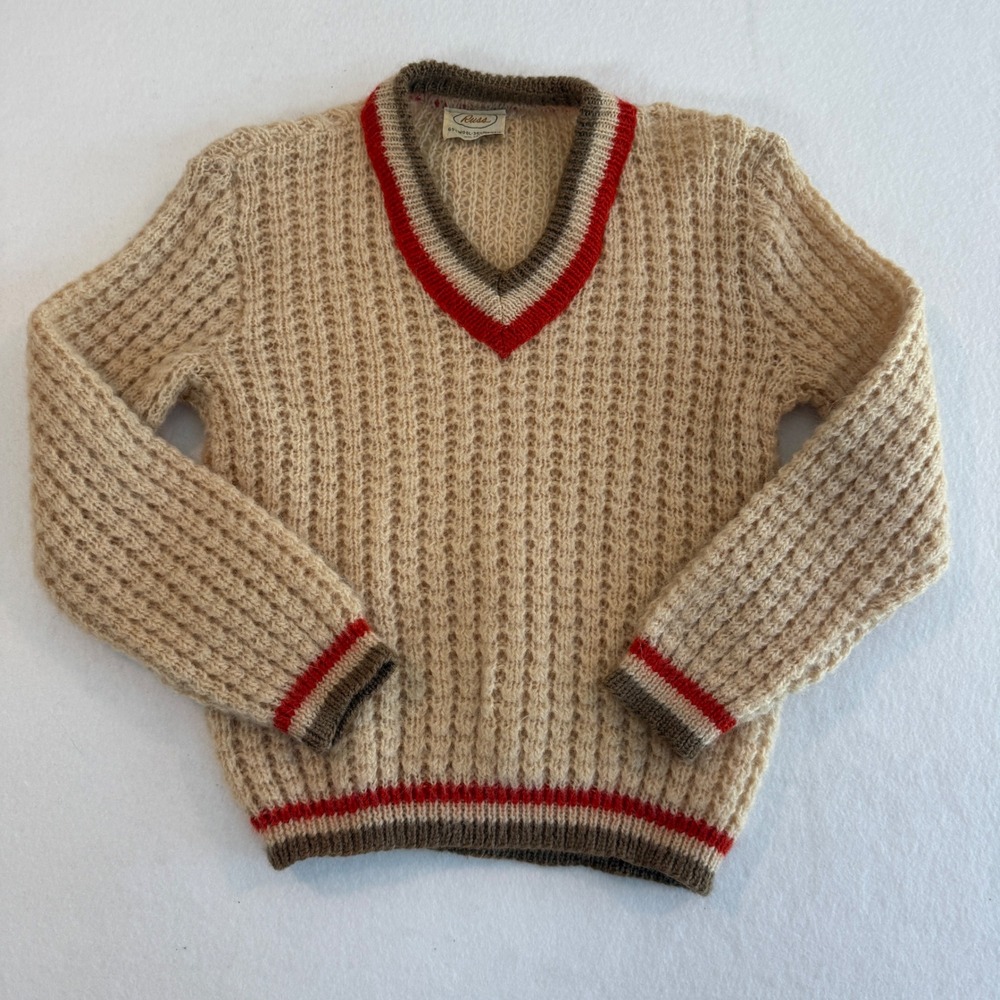 Russ Mohair Wool Sweater Womens Small Cream Red Brown Varsity V-Neck Vintage